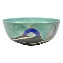 Clarice Cliff Inspiration Bizarre bowl, circa 1930, decorated in the Inspiration Caprice pattern, the exterior painted with stylised tree and temple landscape in blue, ochre and lilac upon a mottled blue green ground, the base painted Inspiration Bizarre by Clarice Cliff, Newport Pottery Burslem, England, D19.5cm
