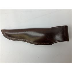 Three hunting knives, each blade marked A. Wright & Sons Sheffield, one with leather handle, one with horn handle and one with antler handle; each with leather sheath (3)