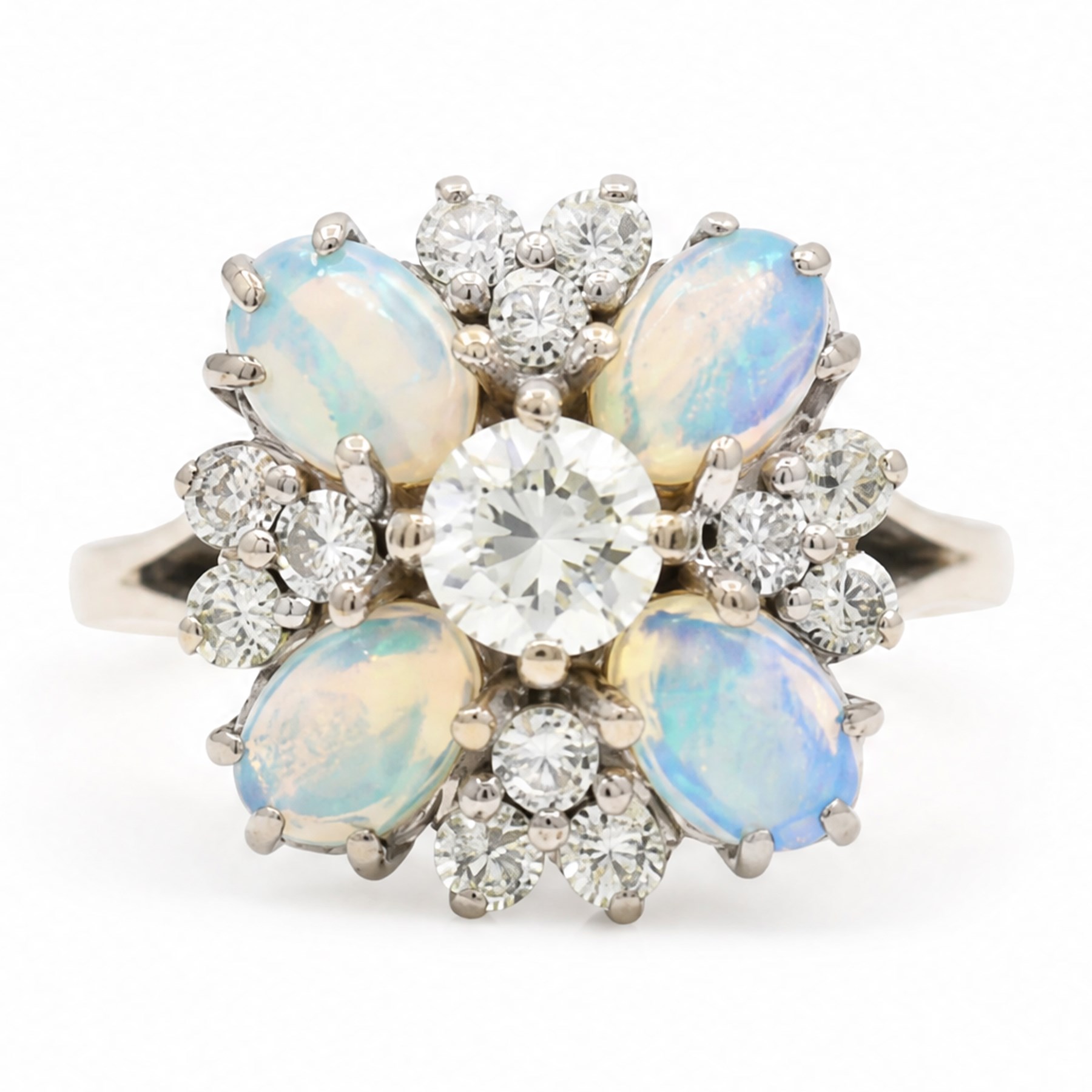 18ct white gold opal and diamond flower head cluster ring, single round brilliant cut diamond of approx 0.45 carat, surrounded by four oval cabochon cut opals and twelve diamonds, total diamond weight approx 0.80 carat