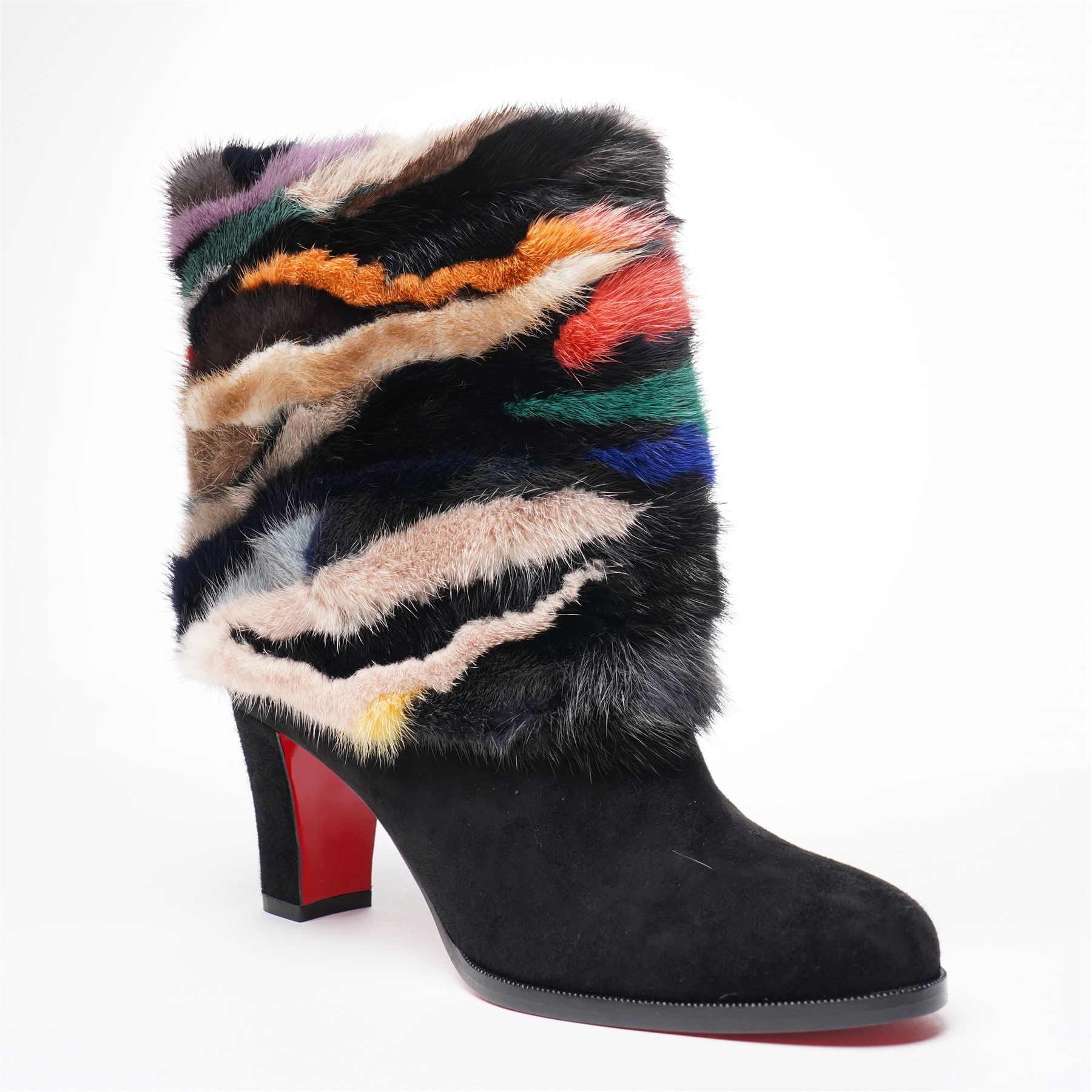 Christian Louboutin - pair of ‘Alexandra’ ankle boots, in black suede and multicoloured mink fur, with signature red lacquered soles, size 38, total boot height 23cm, unused with original box, dust bags and spare heel caps