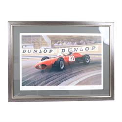 Two limited edition signed motor racing prints, the first by Ray Goldsborough depicting a Sharknose Ferrari 156 driven by Wolfgang Von Trips at the Monaco Grand Prix 1961, limited edition no. 36/475, the second by Robin Owen depicting a Sharknose Ferrari, limited edition no. 64/500, both numbered and signed by the artists, largest H56cm, W66cm