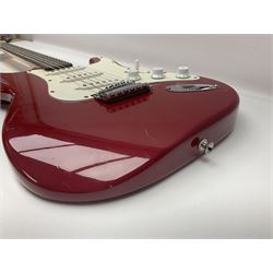 1990s Korean Squier Fender Stratocaster electric guitar in cherry red; serial no.S965951, L98cm