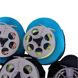 Five Lamson Litespeed fly reels, comprising LS4, two LS2, two LS3.5, all within Lamson soft pouches