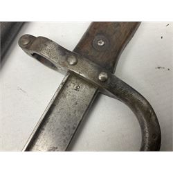 French Model 1874 Epee bayonet marked Oulle 1876 in associated scabbard; Model 1866 sabre bayonet in cut-down sword scabbard; and Model 1842/59 sabre bayonet in relic condition (3)