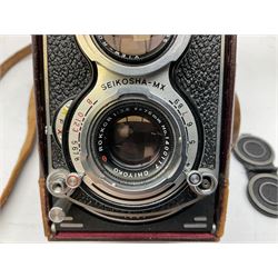 Minolta Autocord camera,serial no. 192659, 'View- Rokkor 1:32 f=75mm no.1986165' lens and 'Chiyoko Rokkor 1:3.5 f=75mm lens no.1400117' in brown leather case