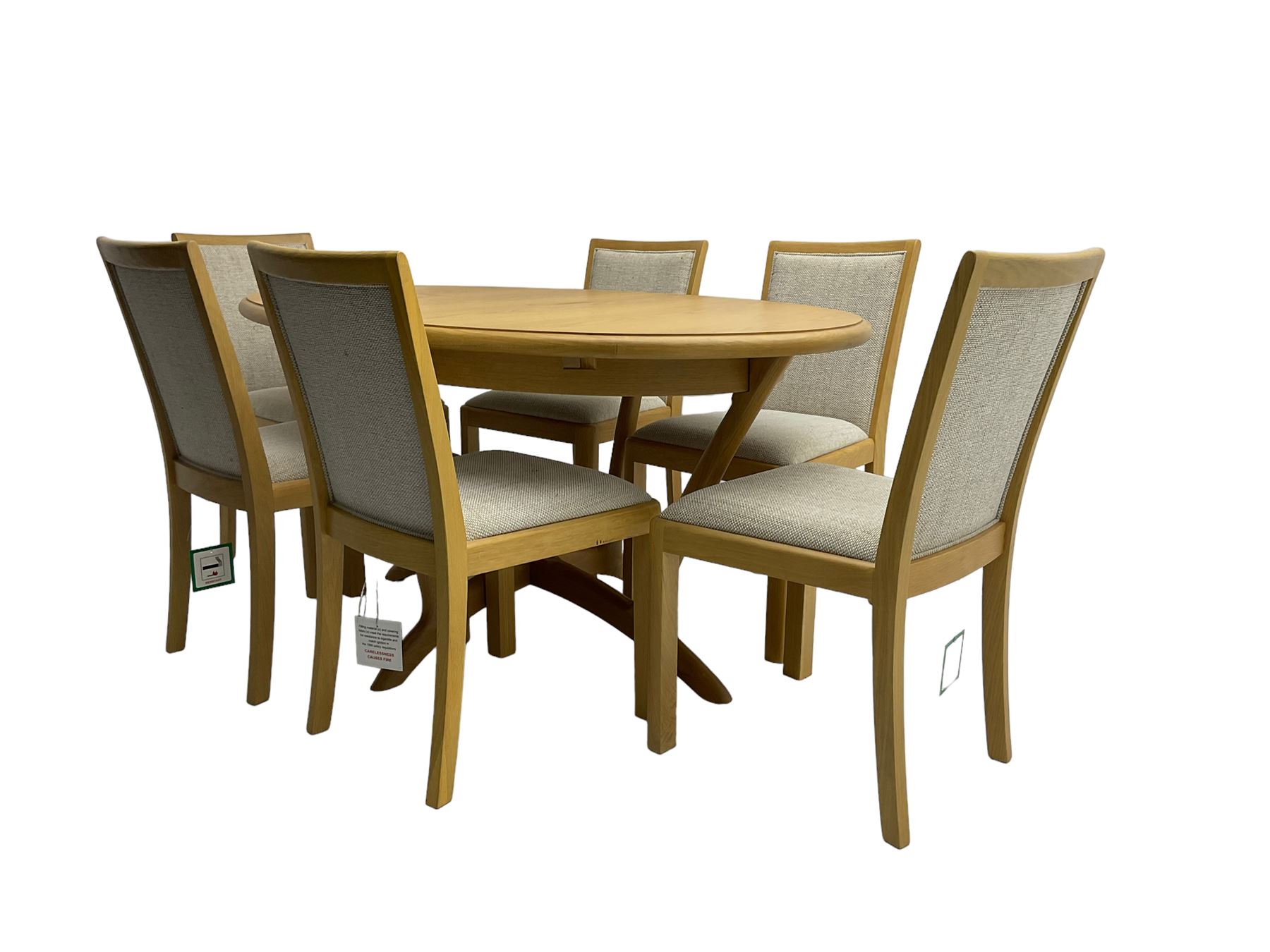 Contemporary light oak oval extending dining table, shaped Xframe base