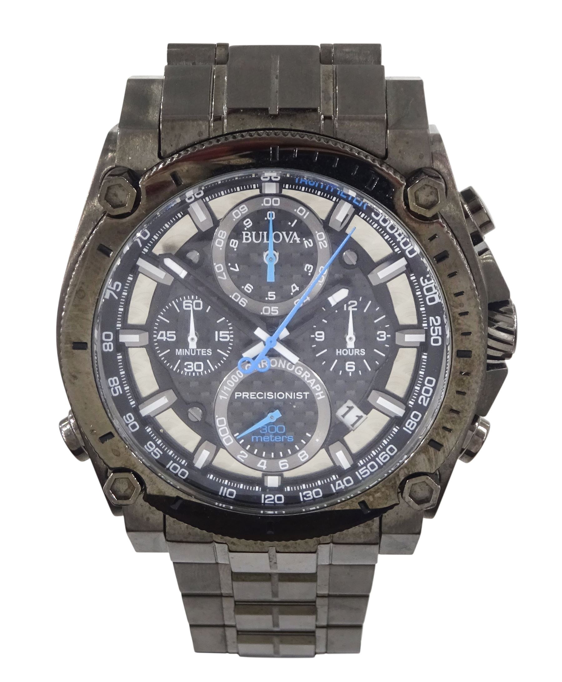 Bulova Precisionist 300 meters gentleman's stainless steel chronograph quartz wristwatch, Ref. 98B229, on original stainless steel strap with fold-over clasp