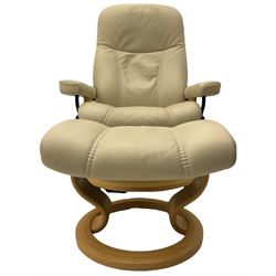 Ekornes - Stressless armchair upholstered in cream leather with matching footstool 
