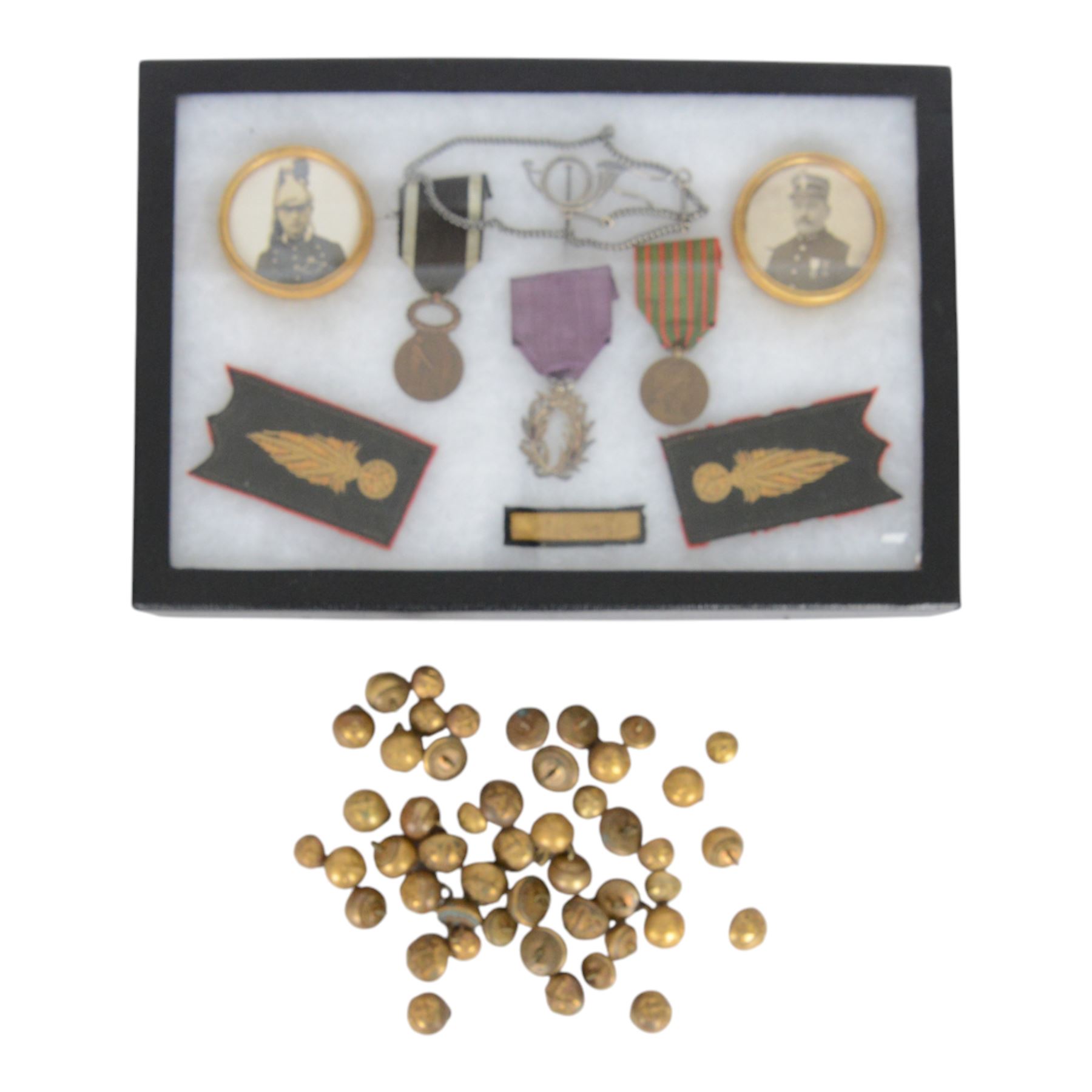 French Sapeur Pompier, fire service, photos, medals, decorations collar badges and buttons, all awarded to the same person.
