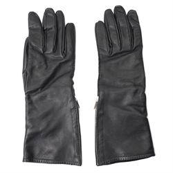 Hermès - pair of black leather long gloves, with H monogram zip fastening to the outer wrist and palladium-tone hardware, with original box