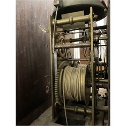 Grace Holborn of South Cave (Nr Hull Yorks.) -  Oak and mahogany 8-day longcase clock, c1820, with a pagoda topped pediment with inlay and three ball and spire finials, break arch painted dial flanked by two reeded pilasters with brass capitals, trunk with canted corners and a full length break arch door, square plinth on bracket feet, dial with upright Arabic numerals and geometric painted spandrels, depiction of an eagle and a snake to the arch,  with a seconds dial and calendar aperture, brass hands and seconds pointer, rack striking recoil anchor weight driven movement, striking the hours on a bell. With weights and pendulum.
Grace Holborn was most probably the widow of Charles William Holborn who was a clockmaker in South Cave 1759-1811.