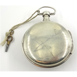  19th century French verge pocket watch by Samuel Oberli, the gilt metal chain driven escapement with baluster pillars, white enamel dial with Roman numerals, engine turned inner case engraved 