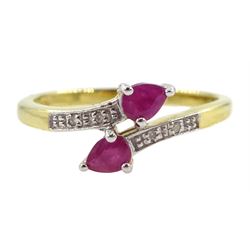 Silver-gilt pear shaped ruby ring, with diamond set shoulders, stamped 925