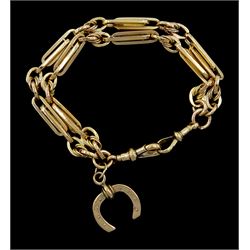 Early 20th century 9ct rose gold double rectangular link, bracelet, with two clips and horseshoe charm, each link stamped 9.375