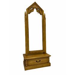 Polished pine cheval dressing mirror, arch top, drawer to base