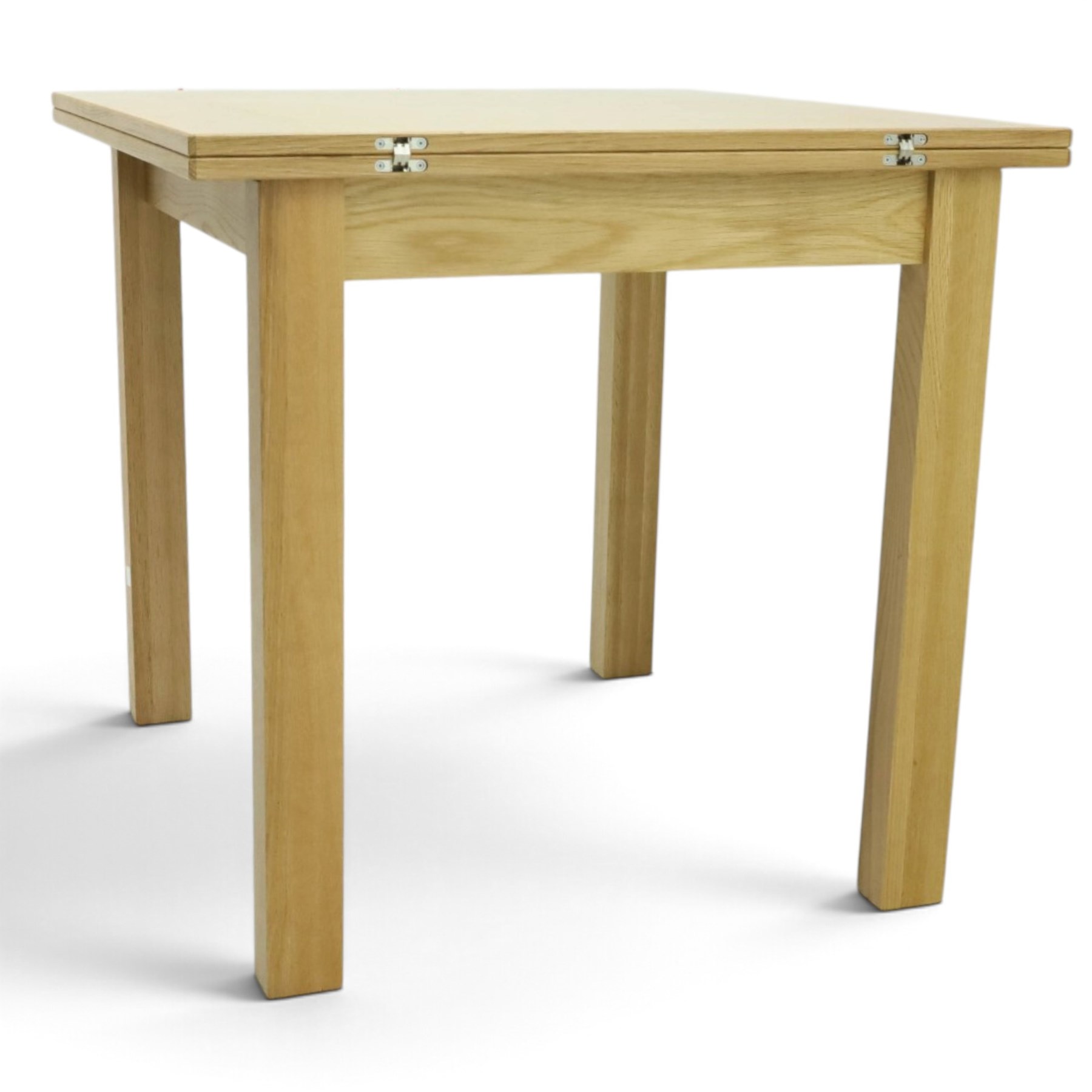 Contemporary light oak extending dining table, the square top with pull-out and fold-over action, raised on square supports
