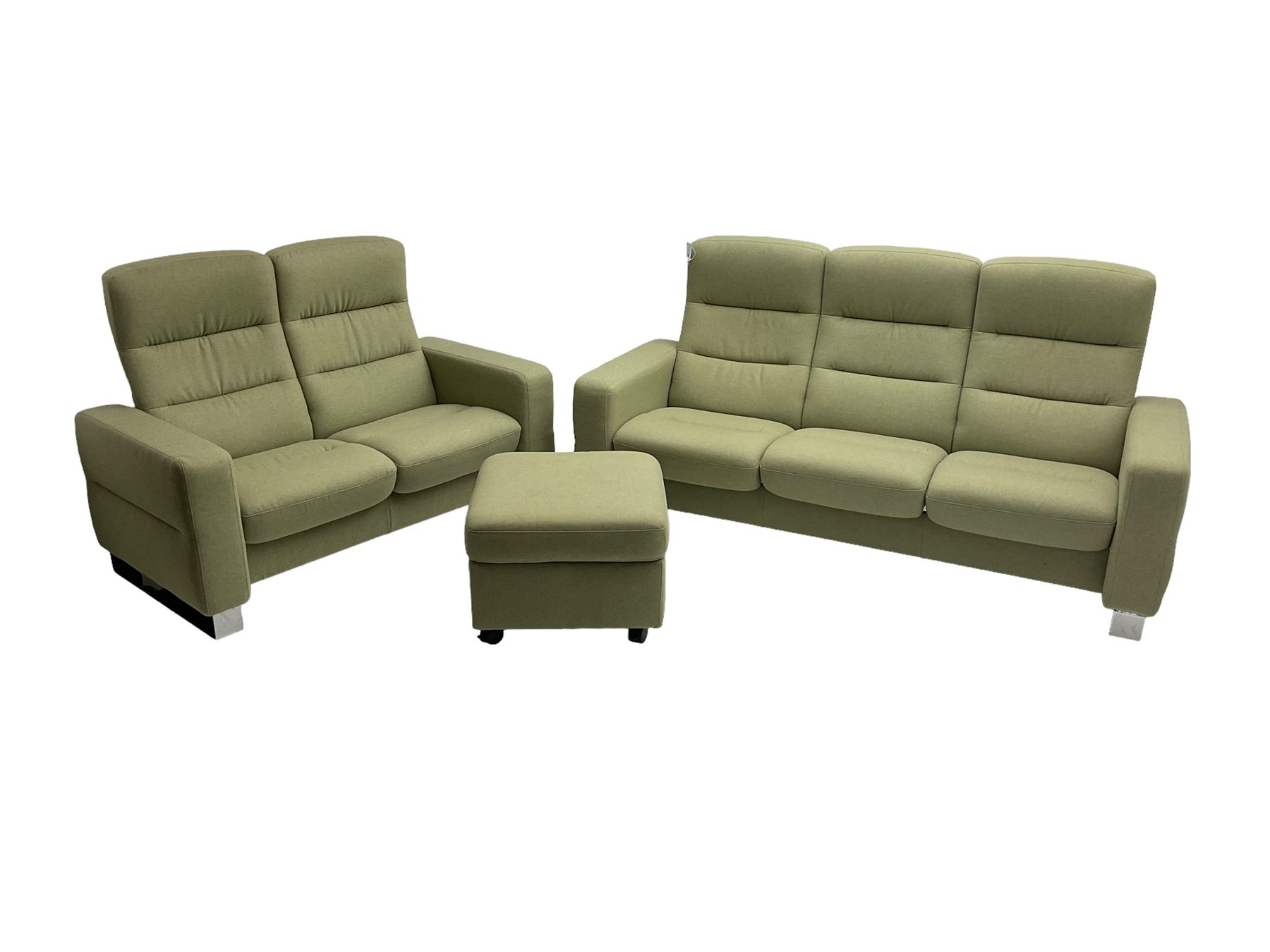 Ekornes Stressless - three seat reclining sofa upholstered in pale green fabric (198cm x 82cm x 100cm), Ekornes Stressless - matching two seat reclining sofa (144cm x 82cm x 100cm), Ekornes Stressless - storage ottoman with hinged seat upholstered in pale green fabric (60cm x 60cm x 42cm)