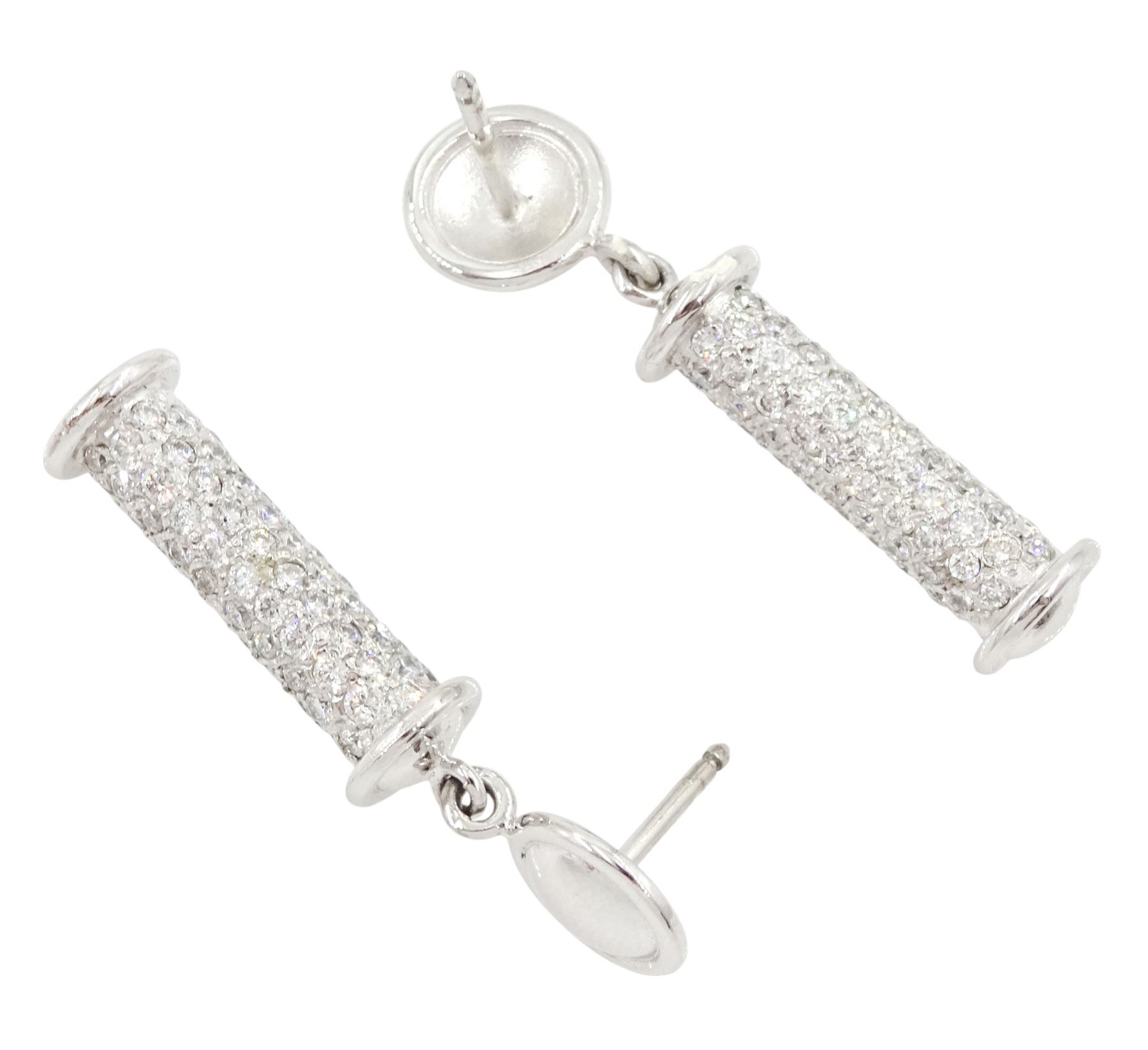 Pair of 18ct white gold pave set round brilliant cut diamond, barrel pendant stud earrings