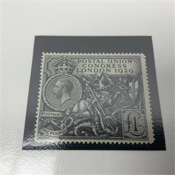 Great Britain King George V 1929 Postal Union Congress one pound stamp, halfpenny green, penny scarlet, one and a half pence purple-brown and two and a half pence blue, all unused, housed in a Harrington and Byrne folder