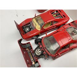 Quantity of play worn die-cast model cars, to include examples by Matchbox, Bburago, Corgi etc, housed in various cases, two Bburago models of Ferraris, together with other die cast vehicles etc