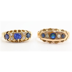  Edwardian 18ct gold sapphire and diamond seven stone ring Birmingham 1909 and 9ct rose gold stone set ring   