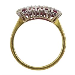 18ct gold round brilliant cut diamond and ruby three row ring, hallmarked