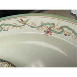 Large Furnival meat platter, the ribbon border decorated with swallows and flowers, two cabinet plates, with printed and painted floral decoration on a turquoise border, with Minton backstamp and a Bisto oversized cup and saucer