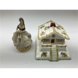 Group of figures, comprising six Royal Doulton examples, Daydreams HN1731, Silks and Ribbons HN2017, Tom Sawyer HN2926, Marie HN1370, Bo-Peep HN1811, and Tinkle Bell HN1677, together with a Dresden type 'lace' example, and a Coalport 'Swiss Cottage', (8)