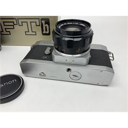 Canon FTb camera body, serial no. 715838, with 'Canon FD 50mm 1:1.8' lens, serial no. 207888, in original box, together with Canon FTb camera body, serial no. 557817, with 'Canon FD 35mm 1:3.5 S.C' lens, serial no. 126210 and Canon EX Auto camera body, serial no. 296244 with 'Canon EX 50mm 1:1.8' lens, serial no. 380869  