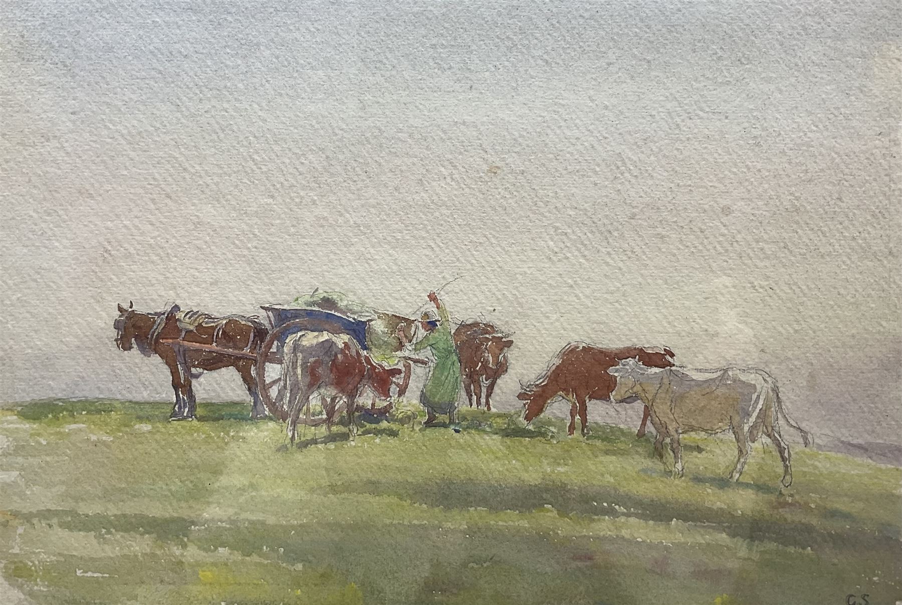 George Soper (British 1870-1942): Feeding the Cattle from the Wagon, watercolour signed with initials 25cm x 36cm
Provenance: from the Estate of George and Eileen Soper sale, Bonhams, 1992, stamped beneath mount verso.