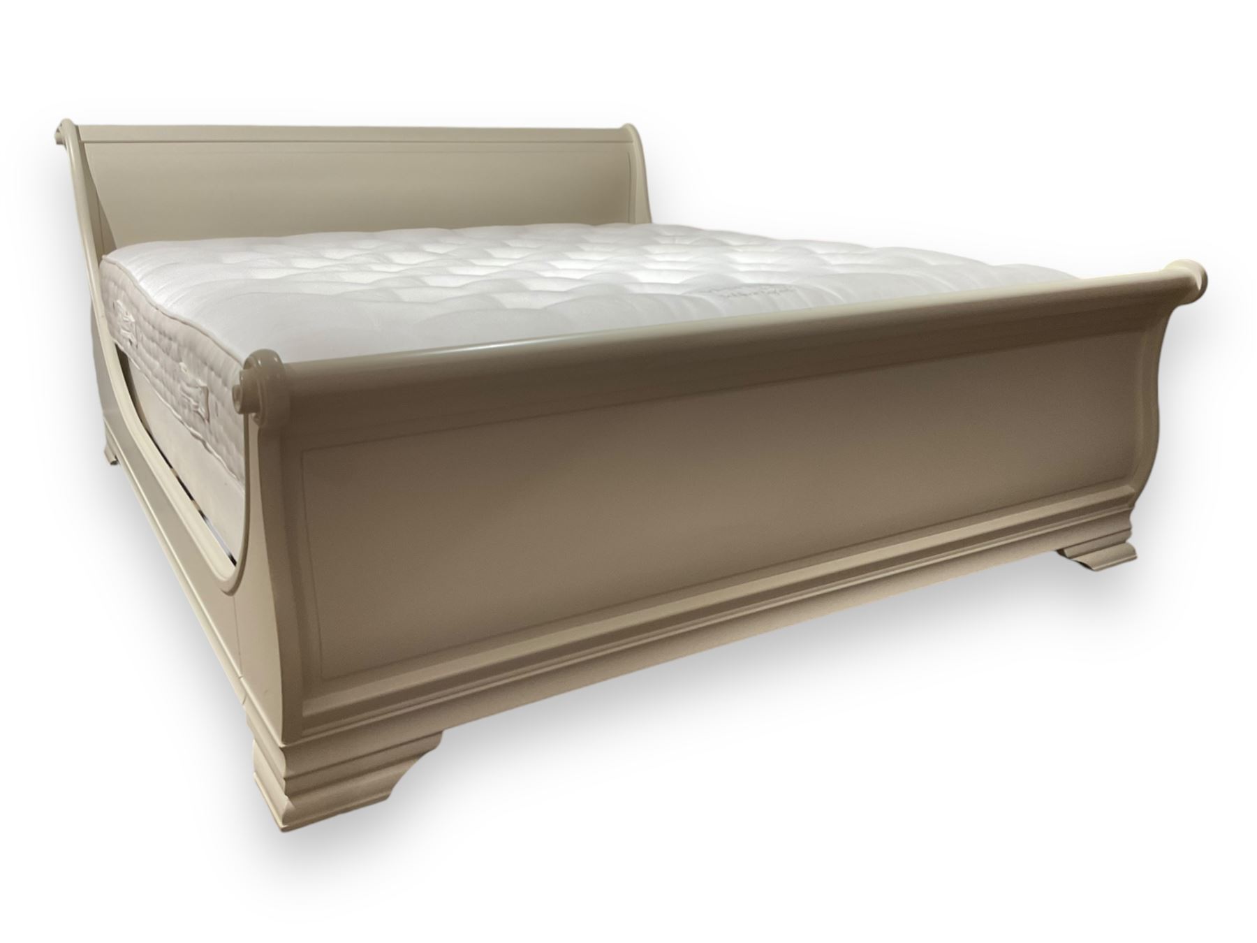Cream finish Super Kingsize sleigh bed; together with Vispring 'Sublime Superb' mattress complete with divan base