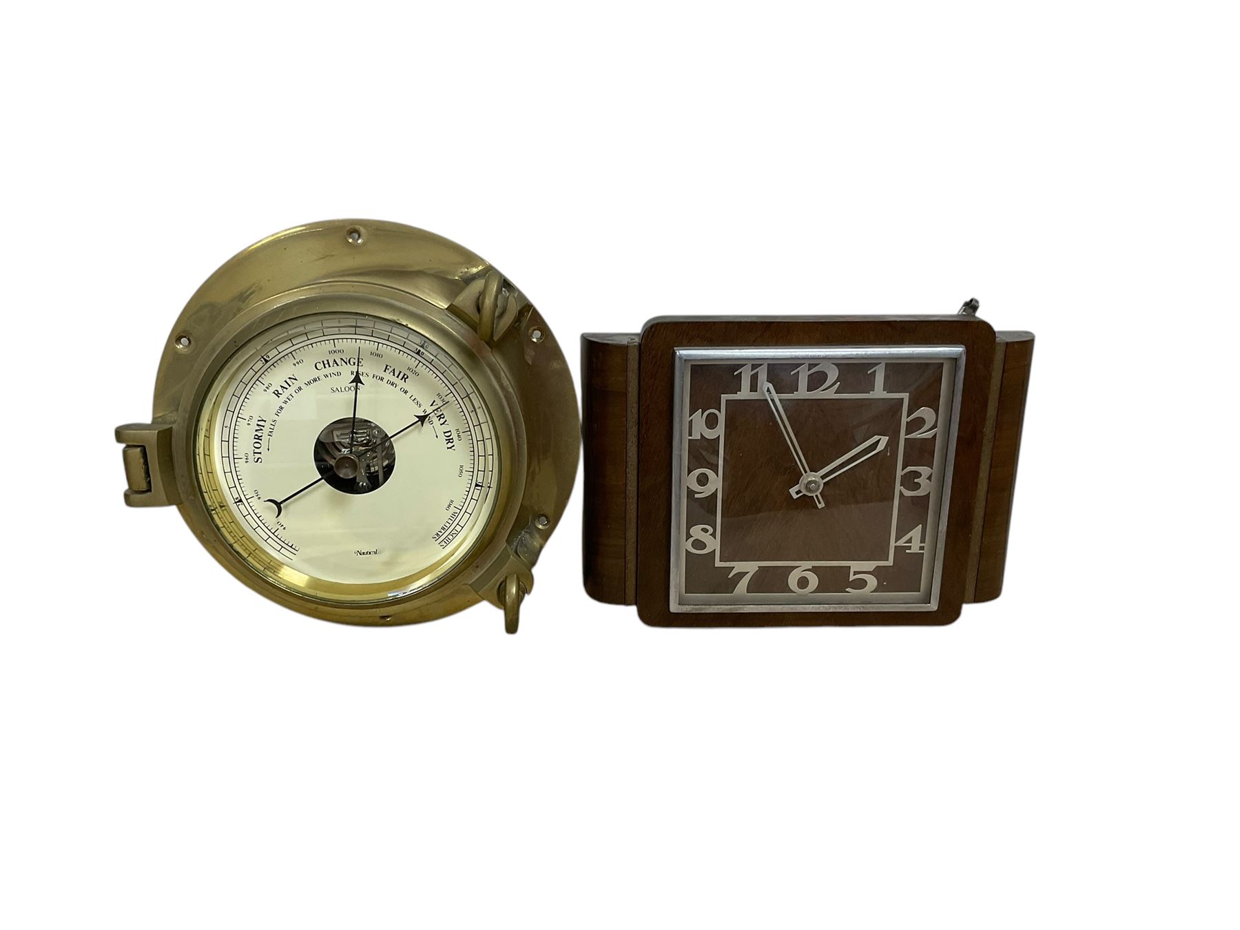 20th century Nauticalia aneroid barometer and a 1950’s hanging wall clock in a rectangular mahogany case, spring wound and set from the rear.