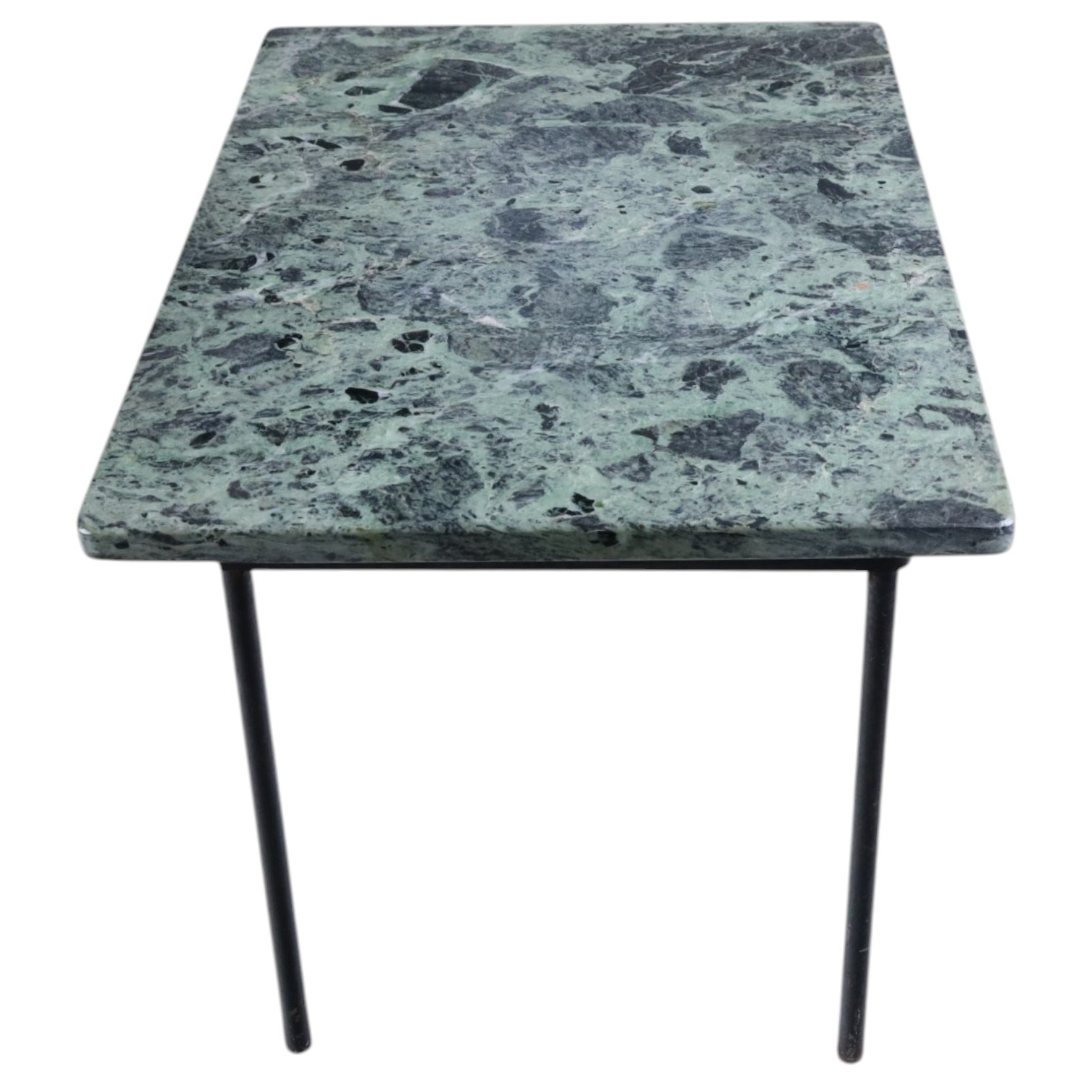 Small green marble topped occasional table, the rectangular top with dark veining raised on slender black painted metal legs, H 29cm, W 50cm