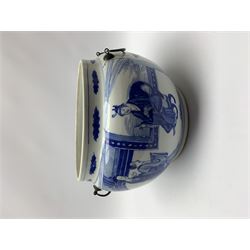 Chinese blue and white bowl, probably 18th century, of bulbous form with later mounted twin handles, decorated with figural scenes of Guanyin, with concentric circle mark beneath and label inscribed Kangxi, rim D20cm