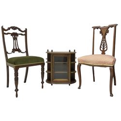 Late Victorian walnut side chair, pierced and scroll carved splat inlaid with fruit cornucopia; late Victorian walnut side chair; and a walnut wall hanging cabinet (W51cm, H57cm)