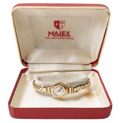 Majex gold ladies manual wind wristwatch, on rolled gold expanding strap bracelet, boxed
