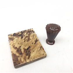  Carved red agate desk seal of tapered fluted form and a Victorian Tortoise shell card case L10.5cm (2)   