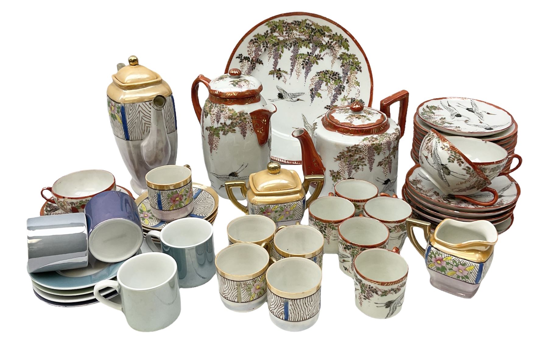  Japanese eggshell tea service, decorated with cranes and wisteria, to include teapot, coffee pot, coffee cans plates etc, together with another coffee set and John Lewis coffee cans  