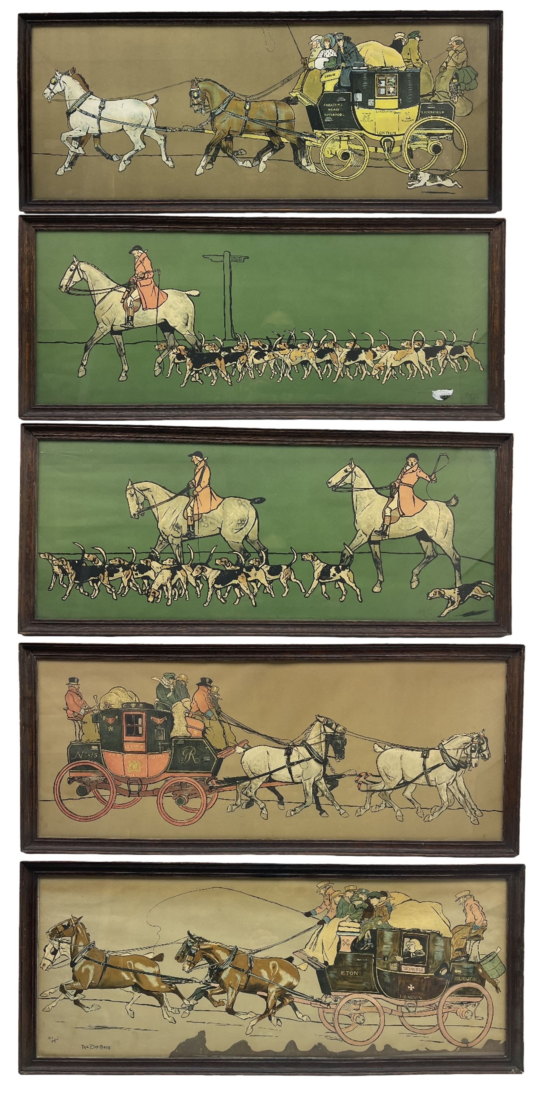 After Cecil Aldin (British 1870-1935): 'The Huntsman', 'The Whip', 'The Glasgow Coach', 'The Liverpool Coach' and 'The Eton Coach', set five chromolithographs 27cm x 70cm (5)