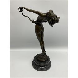 Bronze figure of a nude female holding a vine, after 'H. Frishmuth', with foundry mark on socle base, H38cm