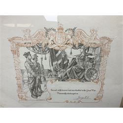 George V WW1 Memorial Scroll to Gunner William Henry Oughtibridge Royal Garrison Artillery; and WW1 Lincolnshire Regiment Disabled Honourable Discharge certificate with indistinct faded inscription; both framed (2)