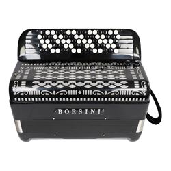 Borsini 5-row basso chromatic button accordion, with 77-black and white buttons, in black high gloss case, with carry strap and original hard carrycase
