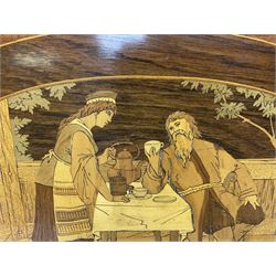 Late 19th/early 20th century mahogany and marquetry inlaid tray, of oval form with twin scrolled handles and moulded border, the central panel inlaid with figures seated at a table drinking tea, L99cm