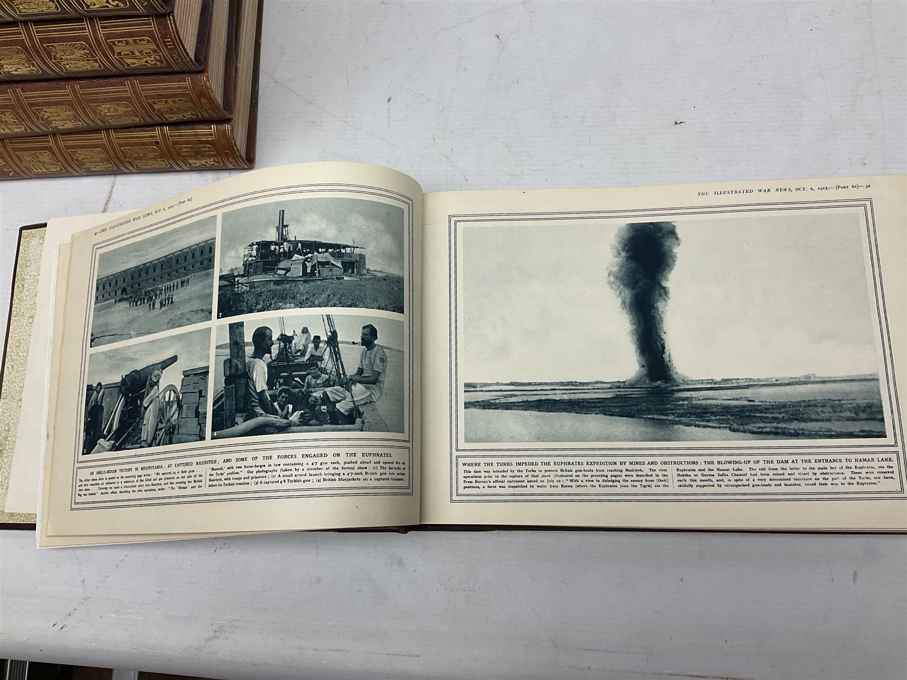 The Illustrated War News - Being a Pictorial Record of the Great War. Parts 1 -96 August 12th 1014 - June 7th 1916 uniformly bound in eight oblong quarto volumes with half-leather/gilt binding. Published by The Illustrated London News (8)