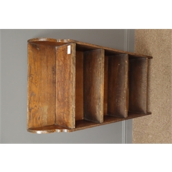  Oak bookcase, scroll cut sides, four shelves, W34cm, H92cm, D16cm  