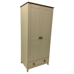 Cream finish double wardrobe, single drawer to base, oak top and handles