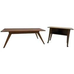 Mid-20th century afromosia and teak coffee table, rectangular top on four splayed tapering supports (109cm x 50cm, H39cm); mid-20th century hardwood side table, rectangular top with star inlay, on splayed supports (63cm x 40cm, H47cm)