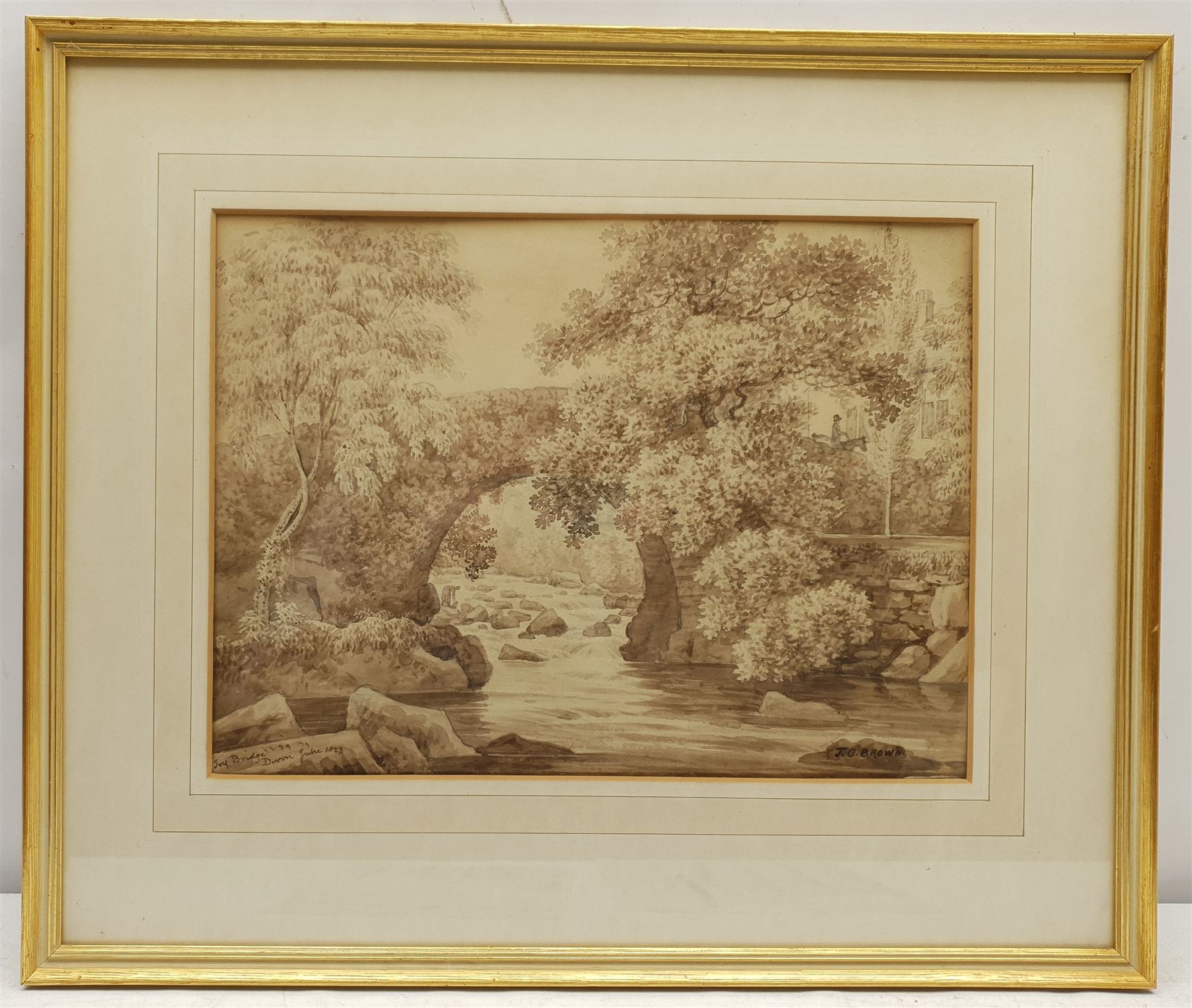 J Brown (British 19th century): 'Ivy Bridge Near Plymouth', monochrome watercolour signed and dated 1823, 29cm x 39cm