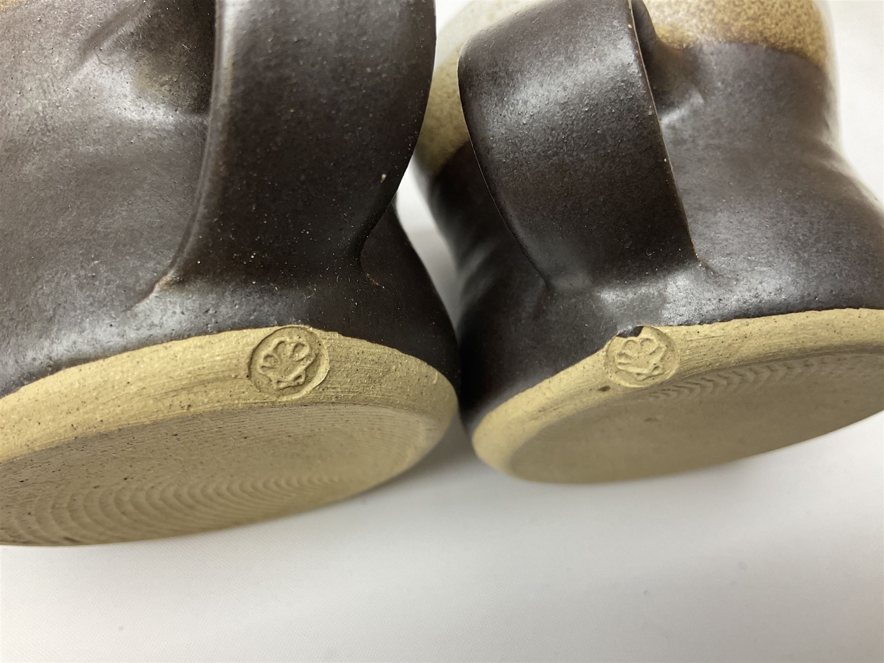 Marianne De Trey (British 1913-2016) stoneware coffee service for twelve, together with a large deep stoneware footed bowl and ladle with wood handle, all decorated in Manganese 'Pattern 1' with impressed shell marks, bowl D27cm