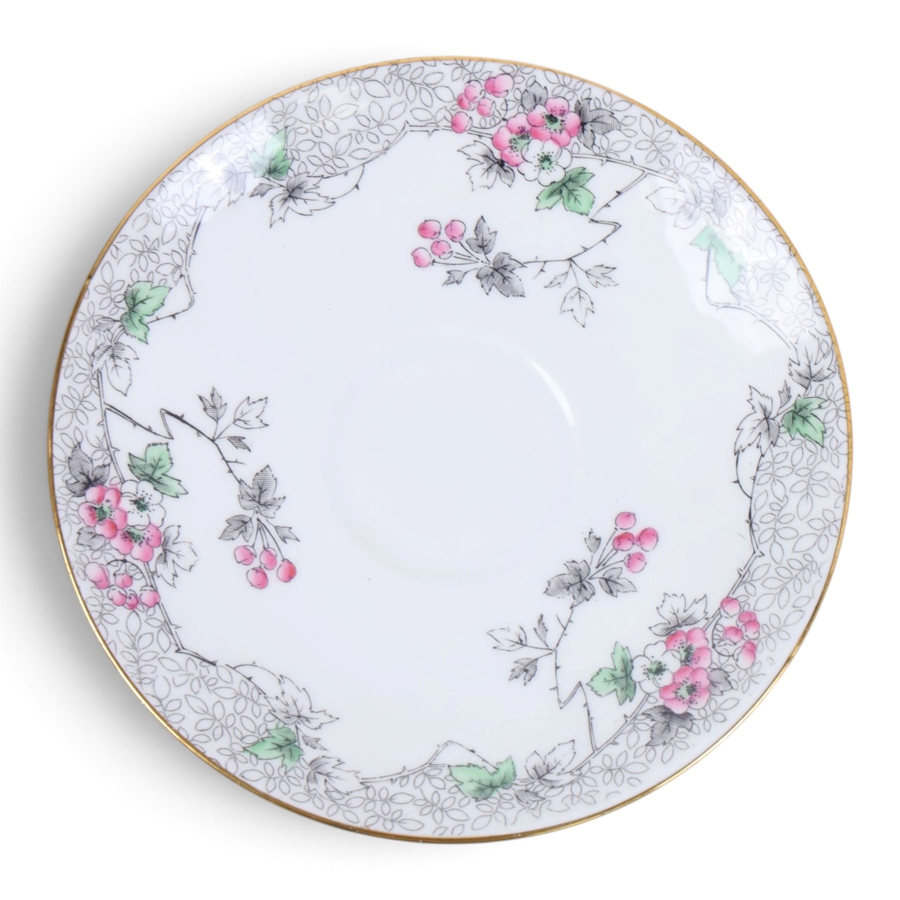 Shelley Bramble Rose pattern tea service, comprising milk jug, open sucrier, eleven cups and saucers, twelve dessert plates and two cake plates 
